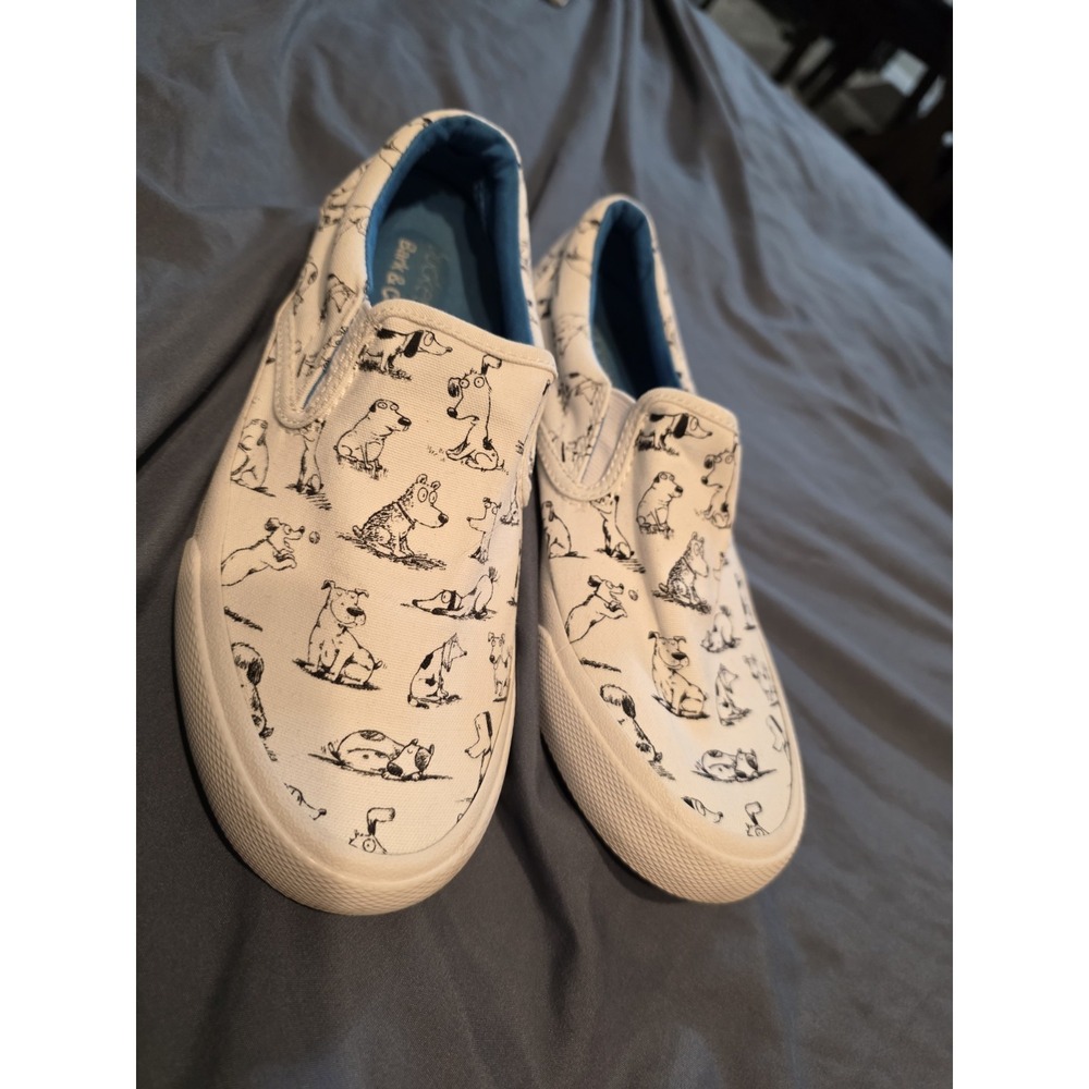 Bucketfeet Dog Print Slip On Shoes Womens 6.5 White Canvas Art Sketch Sneakers